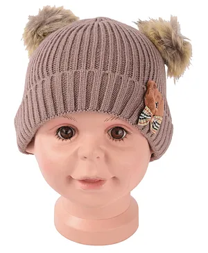 Yellow Bee Teddy Bow Embellished & Pom Pom Detailed Cap - Brown