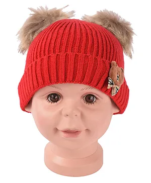 Yellow Bee Teddy Bow Embellished & Pom Pom Detailed Cap - Red