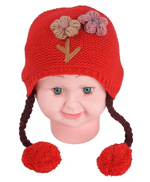 Yellow Bee Flower Embroidered Cap - Red