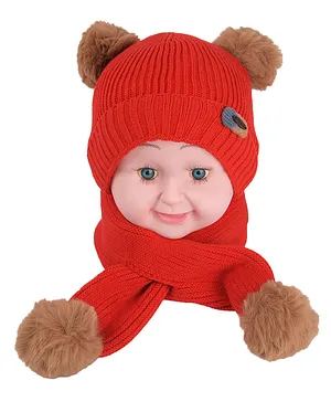 Yellow Bee Unisex  With Pom Pom Detailed Cap And Muffler Set - Red