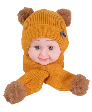 Yellow Bee Unisex  With Pom Pom Detailed Cap And Muffler Set - Yellow