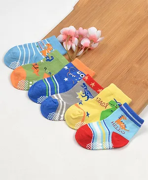 Footprints Pack Of 6 Pair Organic Cotton Anti Skid  Dinosaur Detailed Socks - Blue