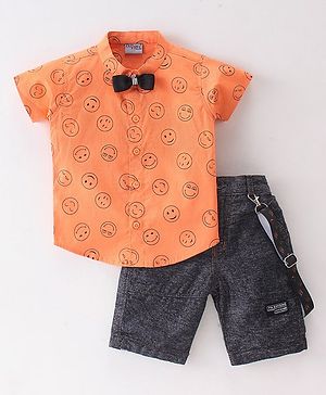 Dapper Dudes Half Sleeves Smiley Printed Shirt With Suspender Bow & Shorts Set  - Orange