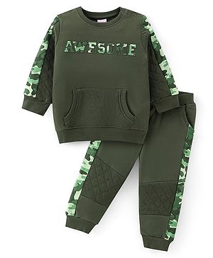 Babyhug 100% Cotton Knit Full Sleeves T-Shirt & Lounge Pant With Text Embroidery - Green