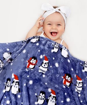 Babyhug Premium Penguin Print Coral Blanket- Navy Blue