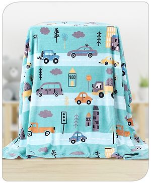 Babyhug Premium City Print Coral Blanket- Sea Green