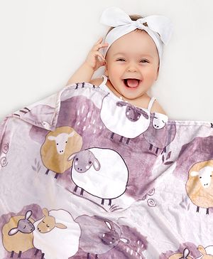 Babyhug Premium Sheep Print Coral Blanket- Off White