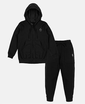 Kiddopanti Full Sleeves Brand Name Placement Printed Hooded Sweatshirt & Fleece Track Pant Set - Jet Black