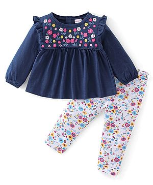 Babyhug Full Sleeves Top & Leggings Set with Floral Embroidery - Navy Blue