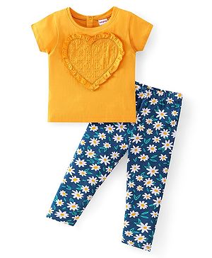 Babyhug 100% Cotton Knit Half Sleeves Top with Heart Applique & Lounge Pant Set - Yellow & Navy Blue