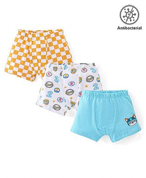 Babyhug 100% Cotton Antibacterial Trunk Briefs Checks & Fox Print Pack of 3- Blue White & Yellow