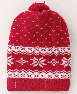 Babyhug Woollen Cap Floral Design - Red