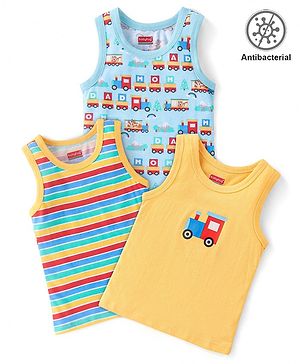 Babyhug 100% Cotton Sleeveless Antibacterial Sando Vests Stripes & Train Print Pack of 3 - Blue Red & Yellow