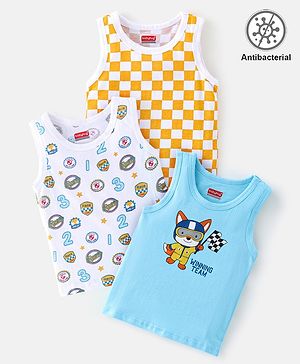Babyhug 100% Cotton Knit Antibacterial Sleeveless Sando Pack of 3 Race Print - Multicolour