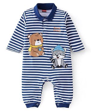 Babyhug 100% Cotton Knit Full Sleeves Striped Romper - Navy