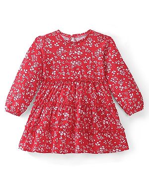 Babyhug 100% Cotton Full Sleeves Frock With Floral Print- Red