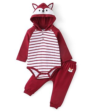 Babyhug 100% Cotton Knit Full Sleeves Striped Hooded Onesie with Lounge Pant - Red
