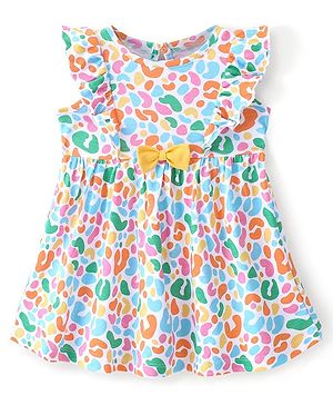 Babyhug Cotton Knit Half Sleeves Frock with Bow Applique & Abstract Print - White