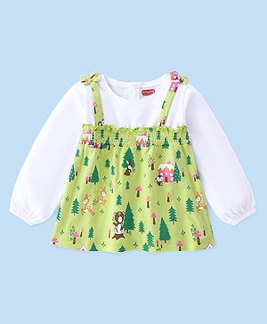 Babyhug Cotton Knit Full Sleeves Overlap Top with Jungle Theme Print & Smocking Detailing - Lime Green