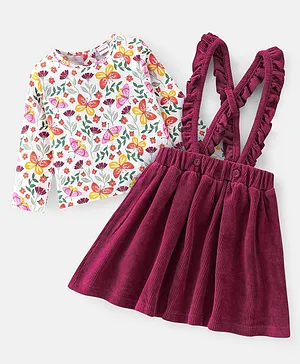 Babyhug Cotton Knit Full Sleeves Top and Pleated Skirt with Suspenders Butterfly Print - White & Maroon