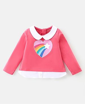 Babyhug 100% Cotton Knit Full Sleeves Overlap Peterpan Collar T-Shirt With Graphics - Pink & White