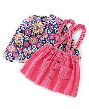 Babyhug 100% Cotton Knit Full Sleeves With Top & Skirt Floral Print - Navy Blue & Pink