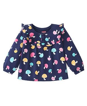 Babyhug Cotton Knit Full Sleeves Mushroom Printed Top with Frill Detailing - Navy Blue