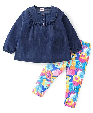 Babyhug 100% Cotton Knit Denim Full Sleeves Top & Leggings With Tropical Print - Navy Blue & Pink