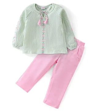 Babyhug Cotton Knit Full Sleeves Top and Jegging Set Floral Embroidery - Green & Pink