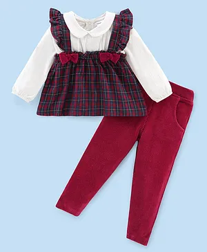 Babyhug 100% Cotton Woven Full Sleeves Frill Designed Checked Top & Pant - White & Maroon