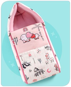 Babyhug Velour Sleeping Bag Baby Animal Print with Embroidery - Pink