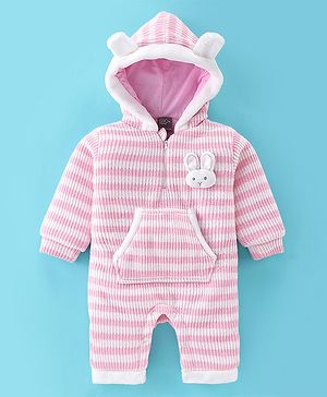 Little Kangaroos Woven Full Sleeves Romper With Bunny Applique - Pink