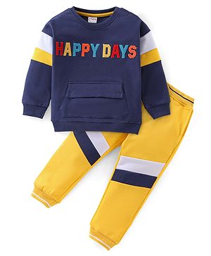 Babyhug Cotton Knit Full Sleeves Striped T-Shirt and Lounge Pant Set Text Embroidery - Blue & Yellow