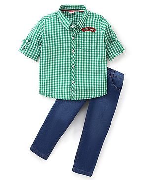 Babyhug Full Sleeves Checekered Shirt and Denim Jeans With Text Applique - Green & Blue