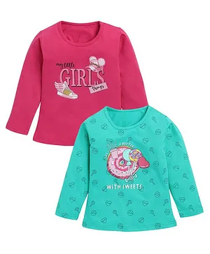 Nottie Planet Pack Of 2 Full Sleeves Shoes & Candy Printed Tees - Rani Pink & Green