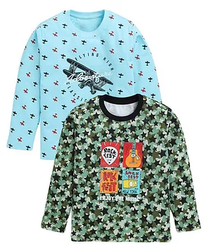 Nottie Planet Pack Of 2 Full Sleeve Aeroplane & Guitar Printed Tees  - Blue & Green