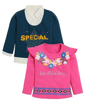 Nottie Planet Pack Of 2 Full Sleeve Star & Floral Printed Tops - Rani Pink & Navy Blue