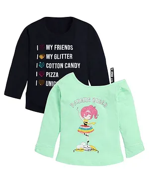 Nottie Planet Pack Of 2 Full Sleeve I Love My Friends & Dancing Girl Printed Tops - Green & Navy Blue