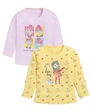 Nottie Planet Pack Of 2 Full Sleeves Girl & Kitten Printed Tops - Pink & Yellow