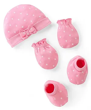 Babyhug 100% Cotton Kitted Cap Mittens & Booties with Polka Dot Print- Pink