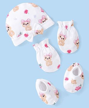 Babyhug 100% Cotton Cap Mittens & Booties Set Puppy Print - White