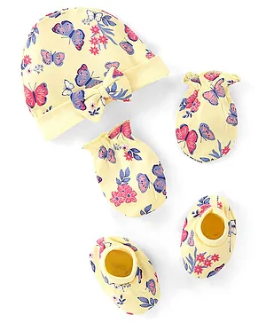 Babyhug 100% Cotton Cap Mittens & Booties Floral Print - Yellow