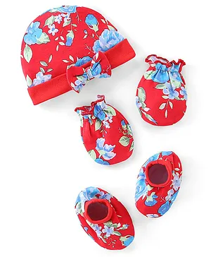 Babyhug 100% Cotton Cap Mittens & Booties Floral Print - Red