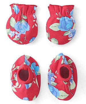 Babyhug 100% Cotton Mittens & Booties Floral Print - Red