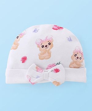 Babyhug 100% Cotton Cap With Teddy Print & Bow Applique White - Diameter 10 cm
