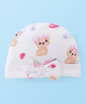 Babyhug 100% Cotton Cap With Teddy Print & Bow Applique White - Diameter 10.5 cm