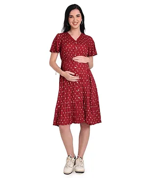 Mothersyard Half Sleeves Floral Motif Printed Pre and Post Maternity Dress With Concealed Zipper Nursing Access -Maroon