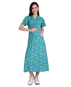 Mothersyard Half Sleeves Flower & Polka Dots Printed Pre and Post Maternity Dress With Concealed Zipper Nursing Access - Rama Green