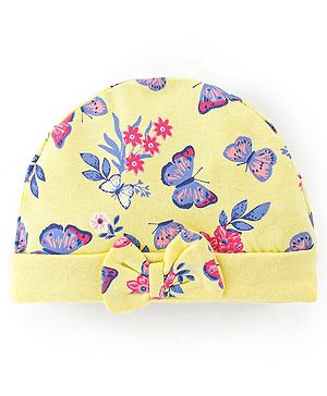Babyhug Cotton Cap Butterfly Design with Bow Yellow - Diameter 11.5 cm