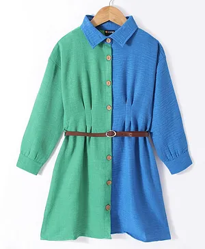 Vitamins Cotton Woven Full Sleeves Solid Color Frock - Blue & Green